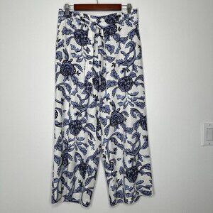 Joie Wide Leg Cropped Floral Pants Size 10 Pockets Linen Blend Blue White